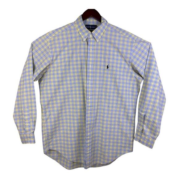 Polo Ralph Lauren Shirt Mens Large Yellow Blue Check Big Button Up Blue Pony - Picture 2 of 13